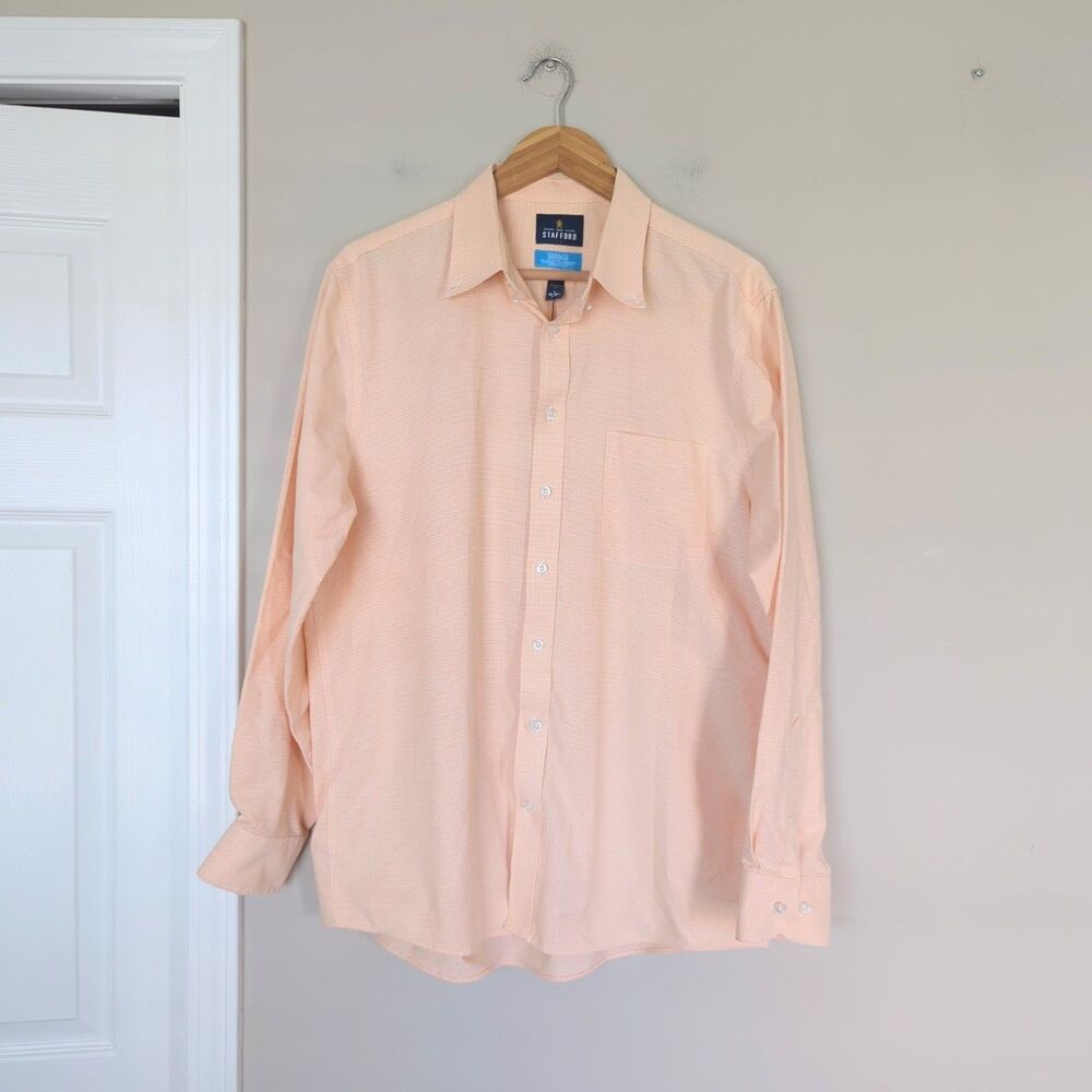 Stafford Coolmax Long Sleeve Button Down Shirt Peach/Orange Large 16-16.5 34-35